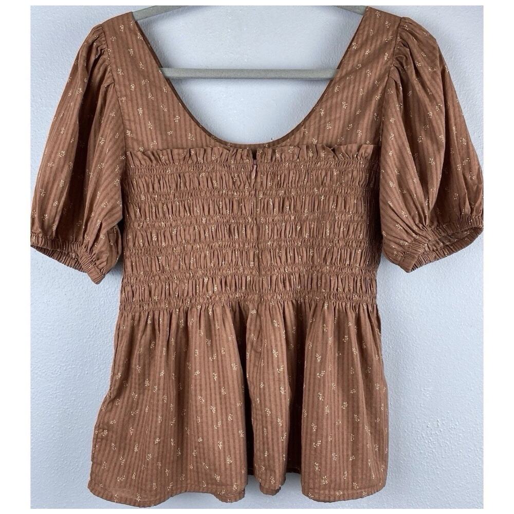 Madewell Smocked Puff Sleeve Top Rust Brown Cotton Babydoll Blouse Size 4 READ - Picture 3 of 9
